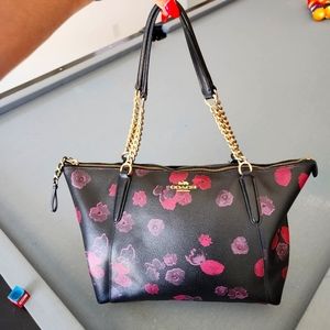Coach Purse. Black With Floral. Wine Pinkish Purple Colors, Gold Chain